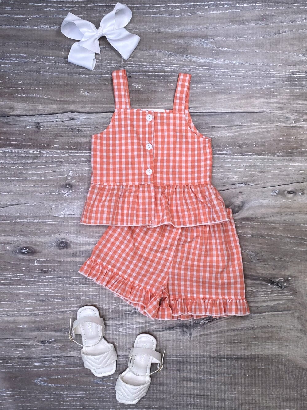 Orange & White Classic Gingham Ruffle Girls Shorts Outfit - Sydney So Sweet