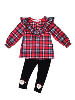 Perfectly Plaid Santa Ruffle Button Girls Christmas Leggings Outfit - Sydney So Sweet