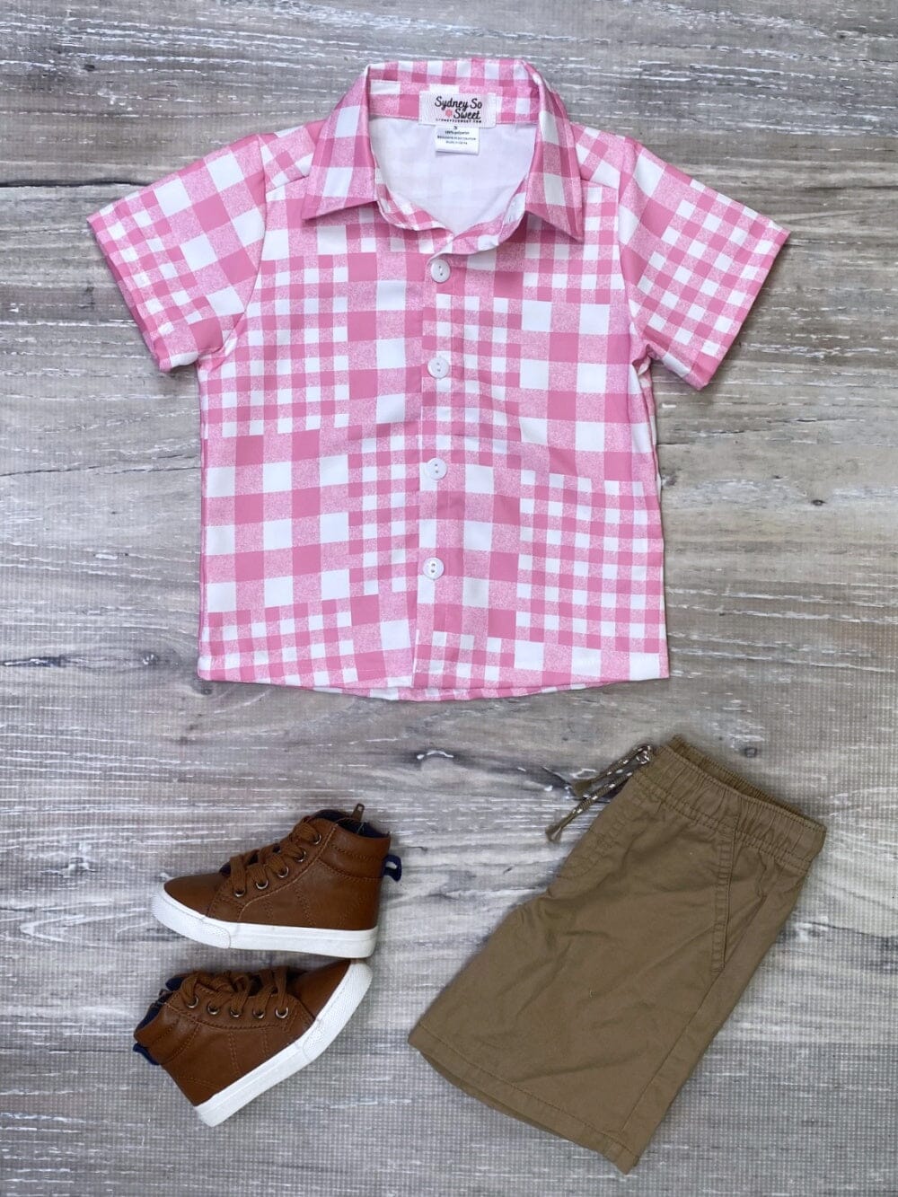 Pink & White Patchwork Plaid Boys Button Up Top