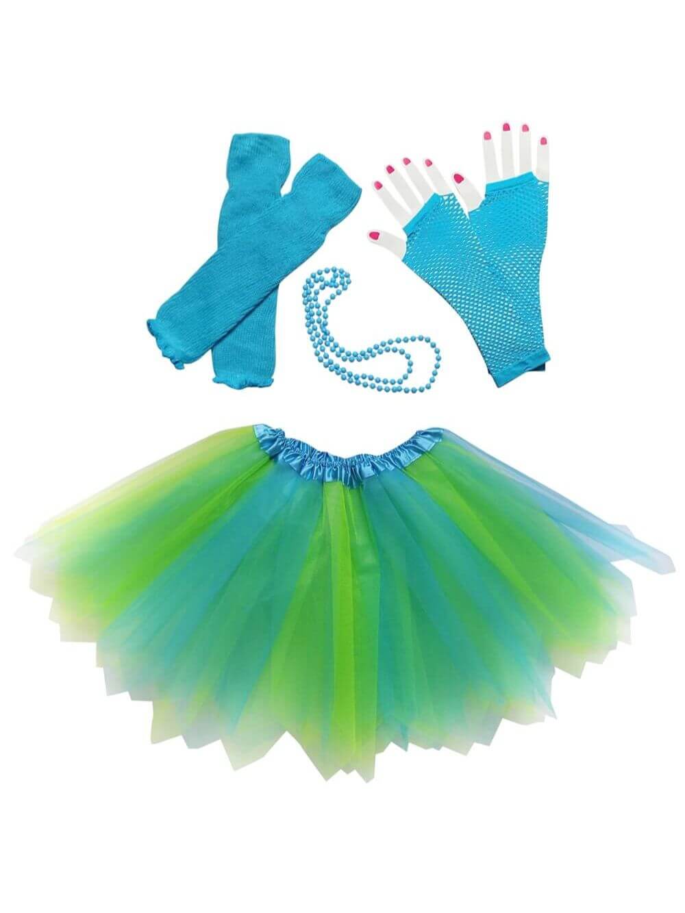 80s Costume in Neon Blue & Lime Green - 4 Piece Pixie Tutu Set for Girls, Adult, & Plus Sizes - Sydney So Sweet