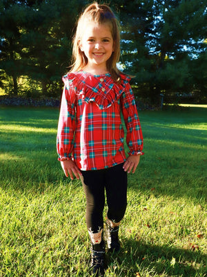 Perfectly Plaid Reindeer Ruffle Button Girls Christmas Leggings Outfit - Sydney So Sweet