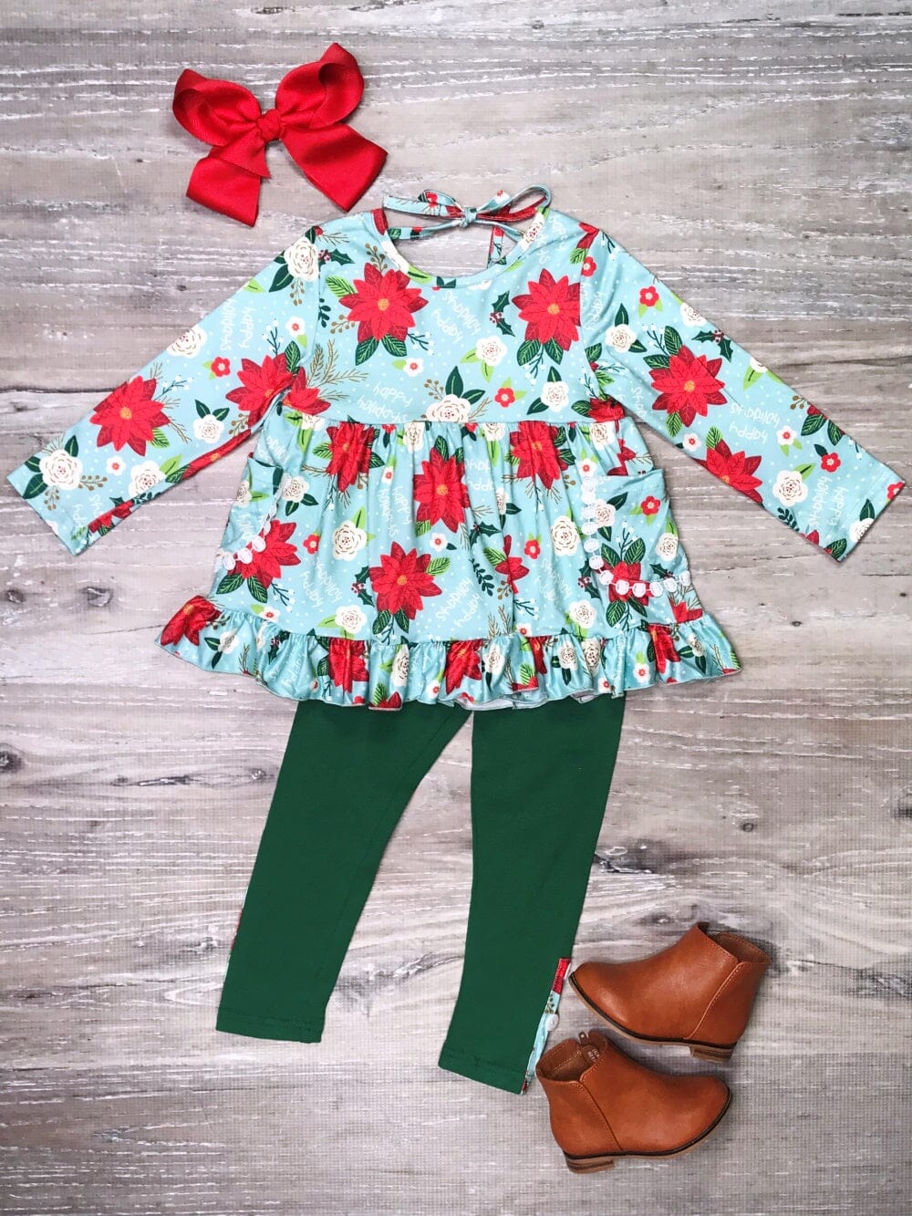 Pretty Poinsettia Blue & Green Floral Ruffle Girls Winter Outfit