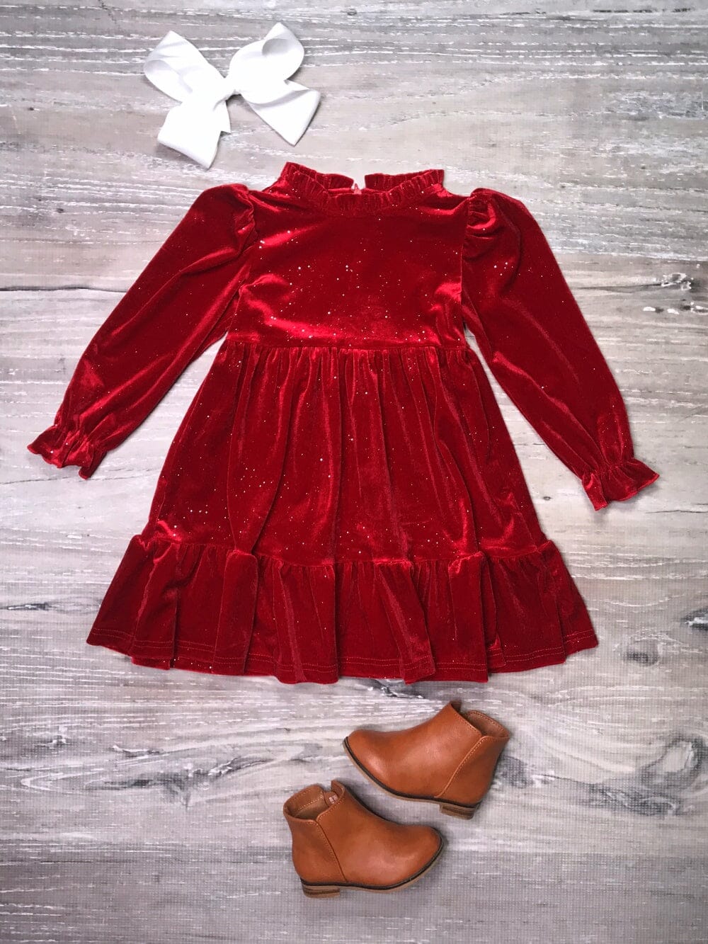 Red Glitter Velvet Puff Shoulder Girls Fancy Special Occasion Christmas Holiday Dress - Sydney So Sweet