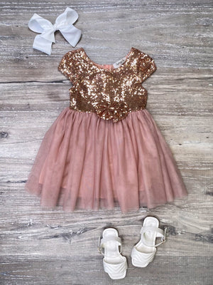 Rose Gold Sequin Bow Tulle Fancy or Special Occasion Girls Tutu Dress - Sydney So Sweet