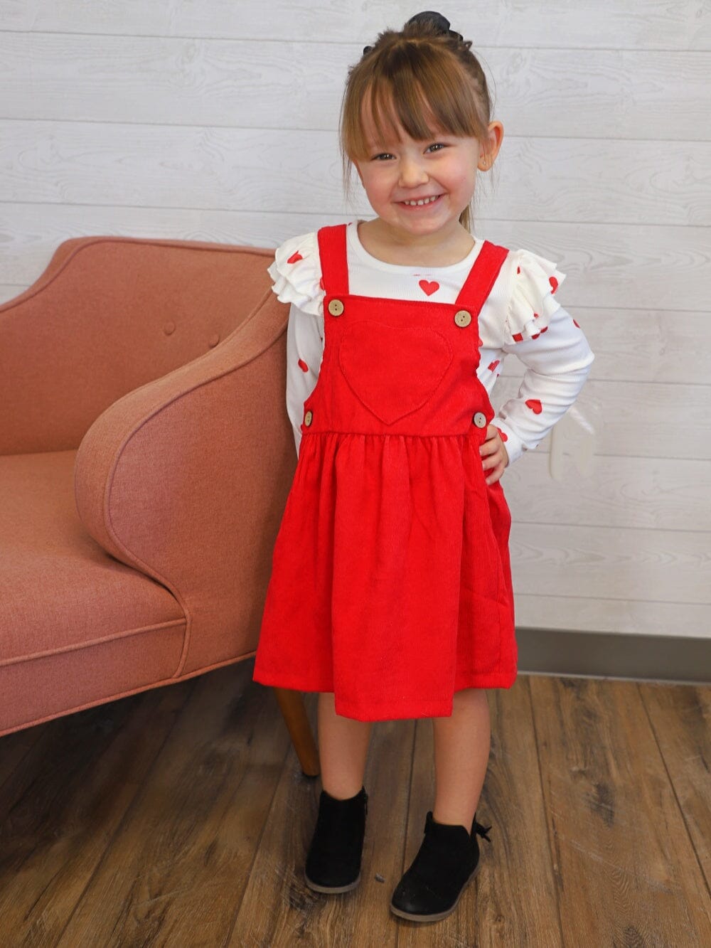 My Whole Heart Red Ruffle Corduroy Girls Jumper Dress Set - Sydney So Sweet