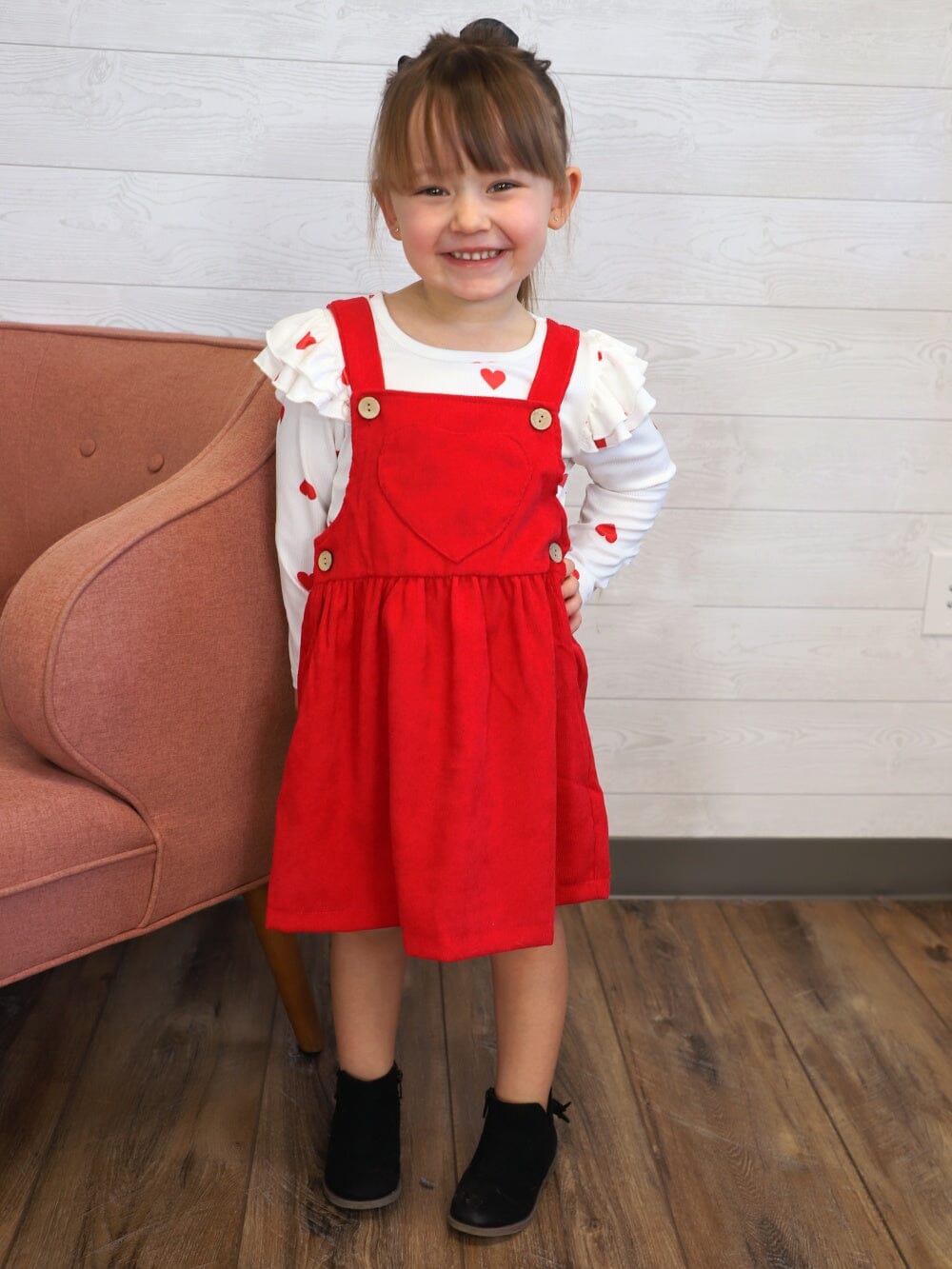 My Whole Heart Red Ruffle Corduroy Girls Jumper Dress Set - Sydney So Sweet