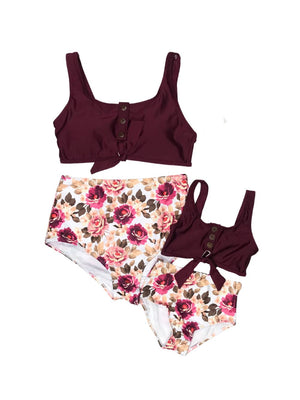 Mommy and Me Swimsuits - Burgundy Blossom Floral Tie Knot Two Piece Bikini - Sydney So Sweet