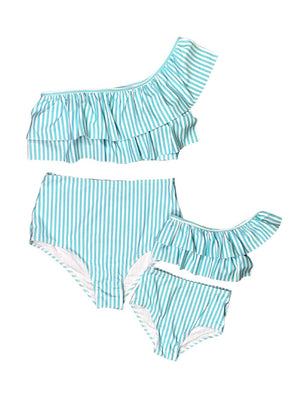 Mommy and Me Swimsuits - Blue & White Stripe Ruffle One Shoulder Two Piece Bikini - Sydney So Sweet