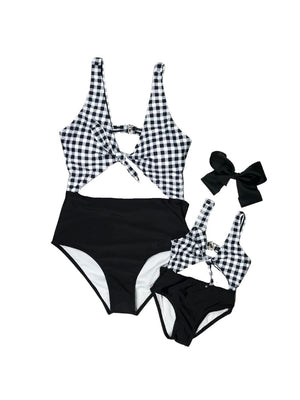 Mommy and Me Swimsuits - Black & White Gingham Cutout Matching One Piece - Sydney So Sweet