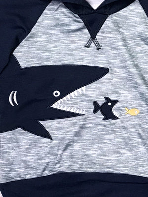 Shark Bites Gray & Navy Raglan Boys Hooded Sweatshirt - Sydney So Sweet