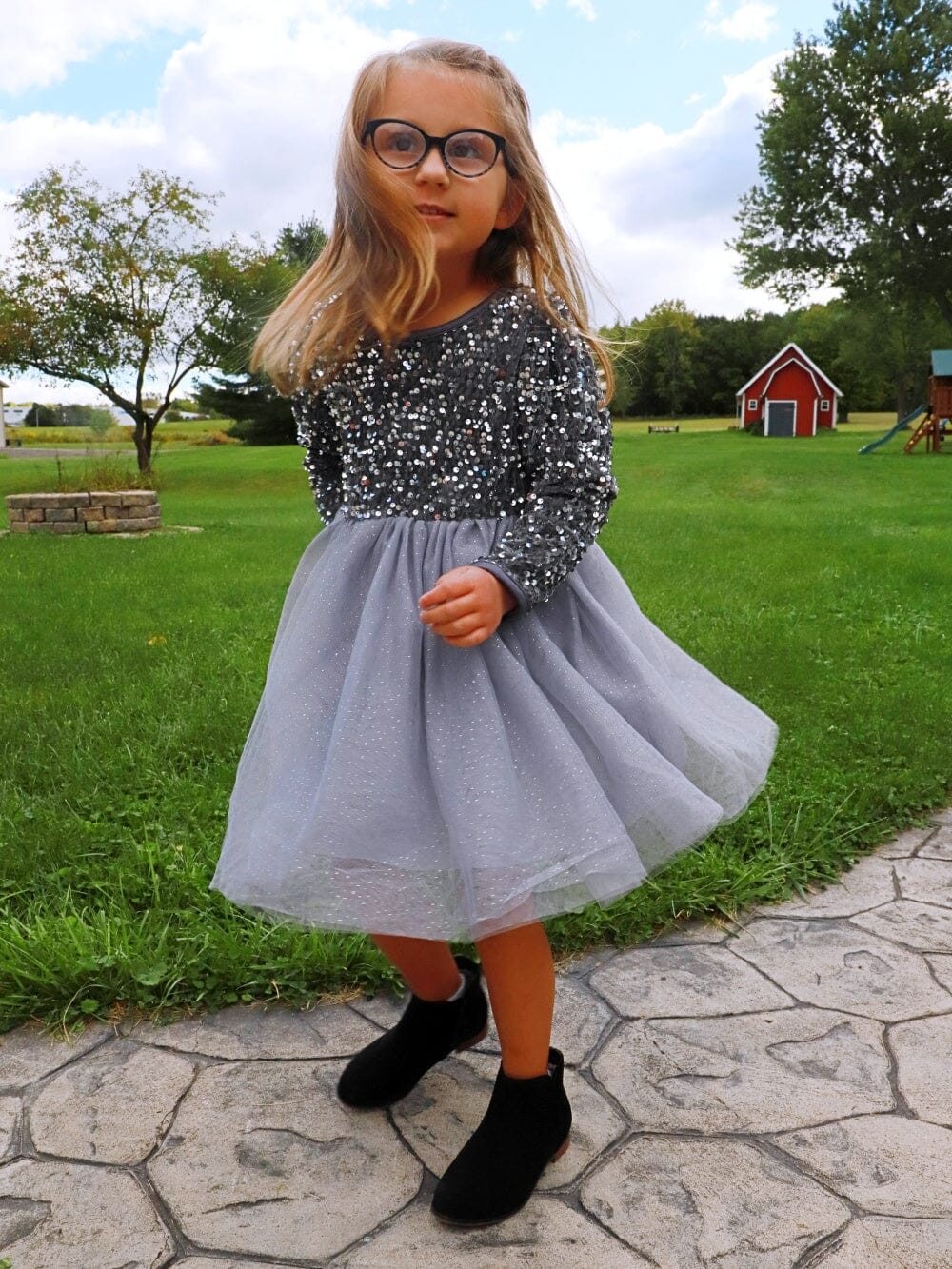 Silver Sequin Velvet Tulle Chiffon Girls Special Occasion Tutu Dress - Sydney So Sweet