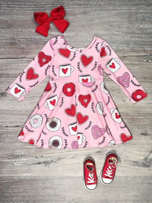 Sip Of Love Coffee & Donut Hearts Pink Girls Skater Dress - Sydney So Sweet