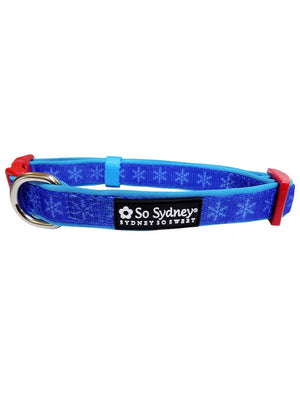 Frozen Snowflakes Blue & Red Winter Holiday Dog Collar - Sydney So Sweet