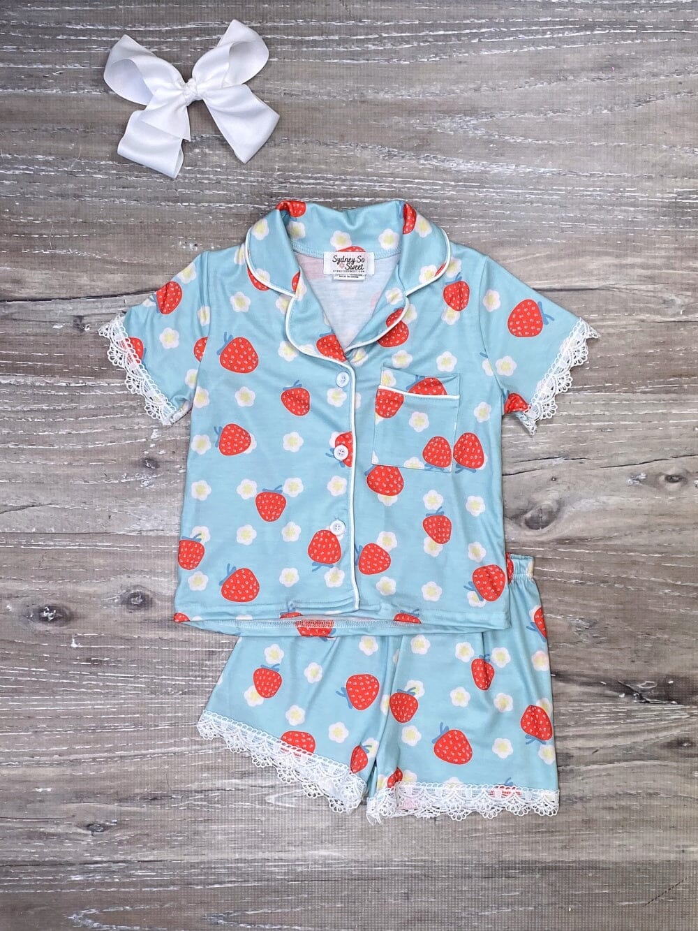 Strawberry Floral Fields Blue Lace Button Up Girls Pajamas