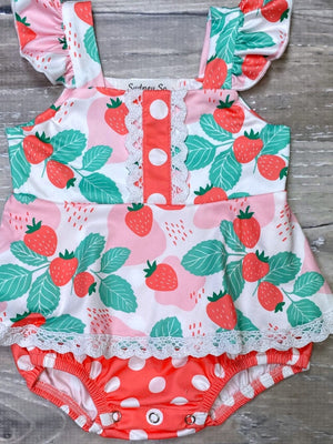 Strawberry Season Pink & Red Flutter Sleeve Baby Girls Romper - Sydney So Sweet
