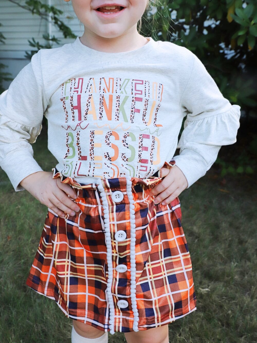 Thankful & Blessed Fall Tartan Plaid Ruffle Girls Skirt Outfit - Sydney So Sweet