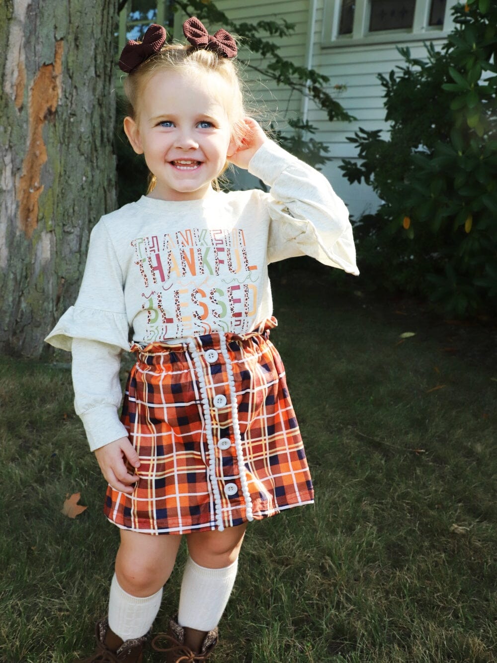 Thankful & Blessed Fall Tartan Plaid Ruffle Girls Skirt Outfit - Sydney So Sweet