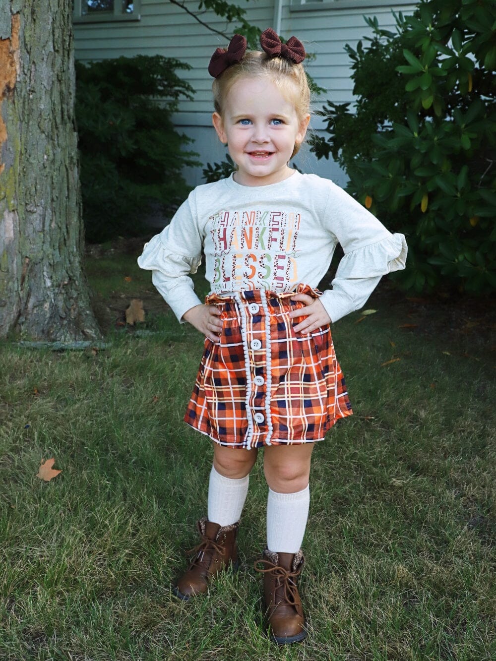 Thankful & Blessed Fall Tartan Plaid Ruffle Girls Skirt Outfit - Sydney So Sweet