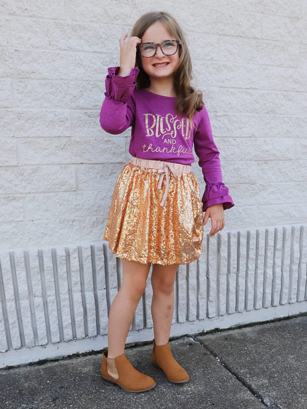 Blessed & Thankful Purple Gold Sequin Ruffle Girls Skirt Outfit - Sydney So Sweet