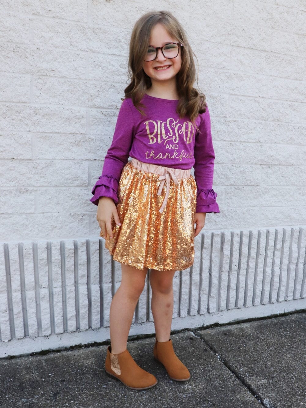 Blessed &amp; Thankful Purple Gold Sequin Ruffle Girls Skirt Outfit - Sydney So Sweet