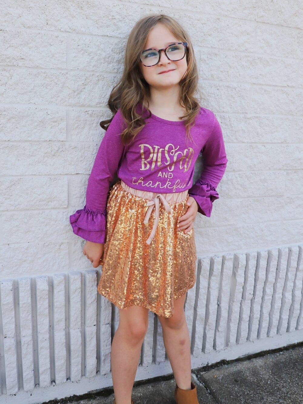 Blessed & Thankful Purple Gold Sequin Ruffle Girls Skirt Outfit - Sydney So Sweet