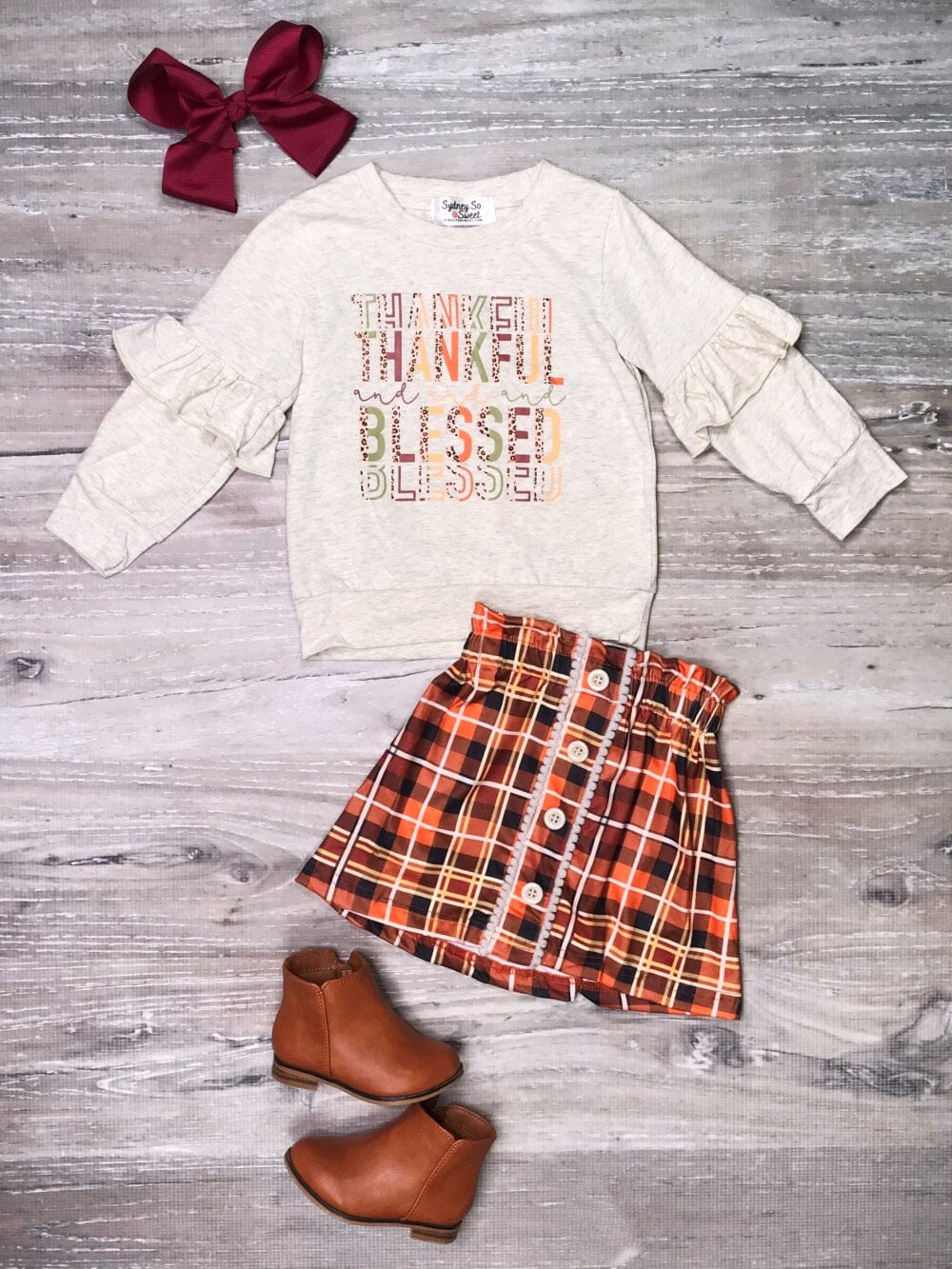 Thankful & Blessed Fall Tartan Plaid Ruffle Girls Skirt Outfit 12-18 Months