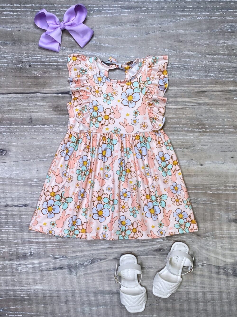 Too Groovy Rabbit Floral Flutter Sleeve Girls Dress - Sydney So Sweet