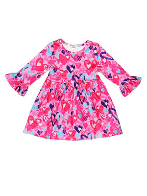 All You Need Is Love Pink & Purple Hearts Girls Flare Dress - Sydney So Sweet