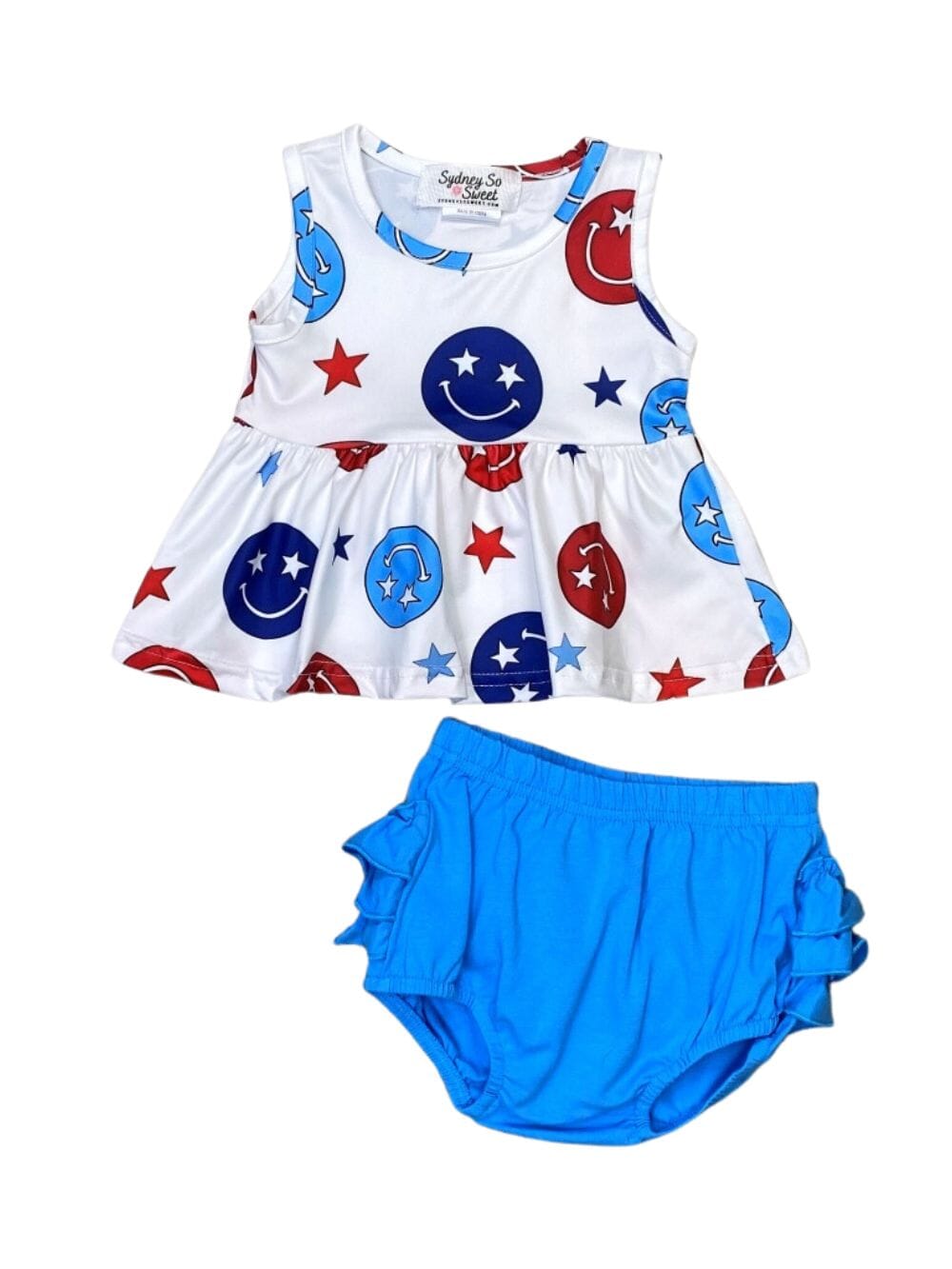 American Babe Smiley Face Blue 4th Of July Patriotic Baby Girls Bloomer Set - Sydney So Sweet