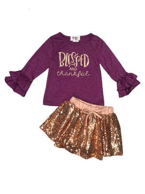 Blessed & Thankful Purple Gold Sequin Ruffle Girls Skirt Outfit - Sydney So Sweet