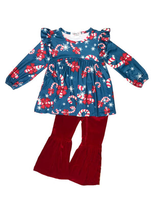 Hooked on You Candy Cane & Velvet Bell Bottom Girls Holiday Outfit - Sydney So Sweet
