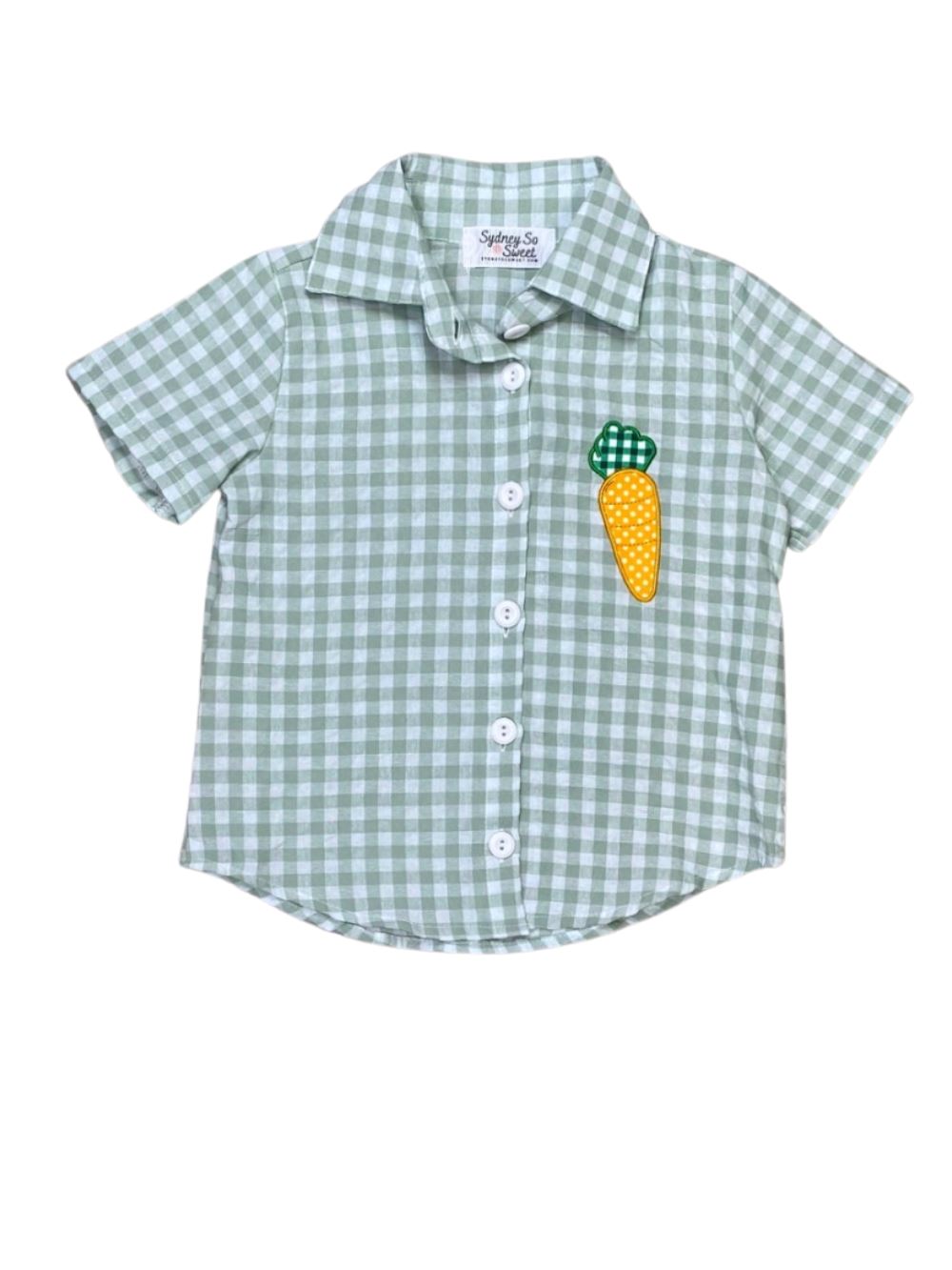 Carrot On Green Gingham Button Up Short Sleeve Boys Easter Top - Sydney So Sweet