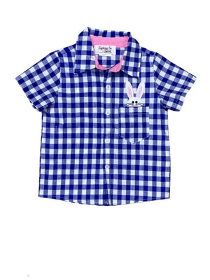 Cool Bunny Blue Gingham Button Up Short Sleeve Boys Easter Top - Sydney So Sweet