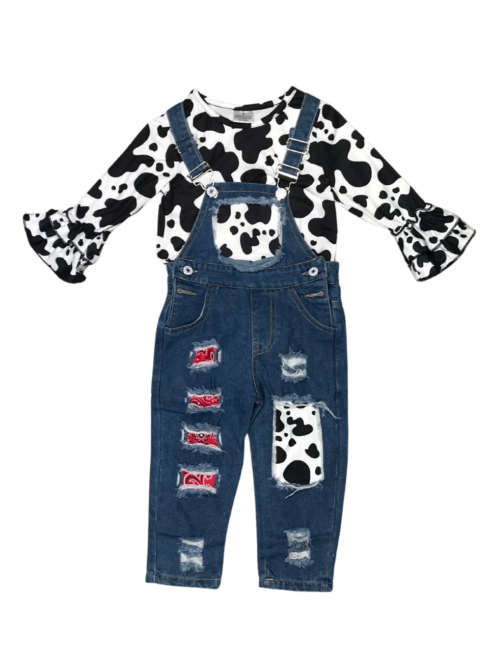 Gone Country Cow Print Red Sequin Patch Girls Denim Overalls