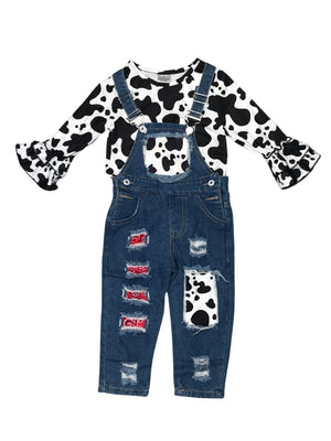 Gone Country Cow Print Red Sequin Patch Girls Denim Overalls - Sydney So Sweet