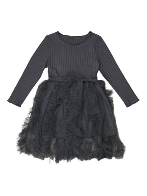 Dark Gray Ribbed Knit Frill Chiffon Girls Boutique Dress - Sydney So Sweet
