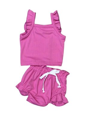 Dark Pink Ribbed Knit Flutter Baby Girls Two Piece Outfit - Sydney So Sweet