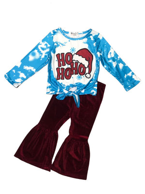 Ho Ho Ho Burgundy & Blue Acid Wash Girls Christmas Santa Bell Bottom Outfit - Sydney So Sweet