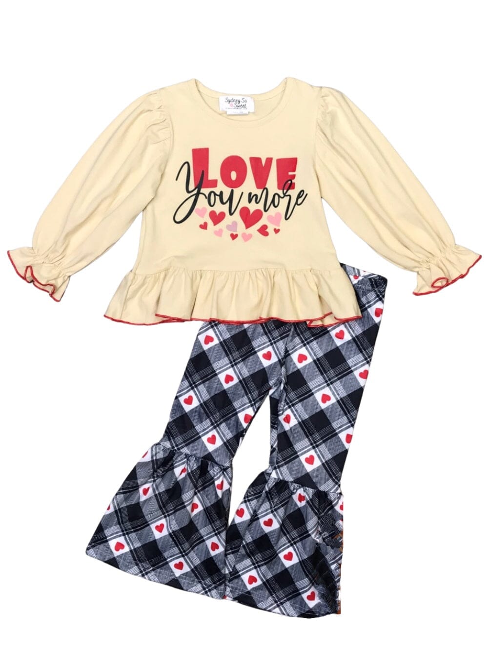 Love You More Plaid Heart Bell Bottom Girls Outfit