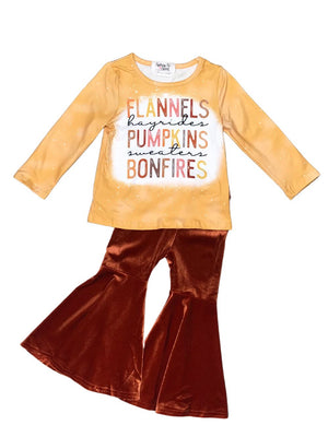 Flannels Pumpkins & Bonfires Orange Velvet Bell Bottom Girls Fall Outfit - Sydney So Sweet