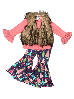 Pink Pine Tree Forest Ruffle Bell Bottom Girls Fur Vest Outfit - Sydney So Sweet