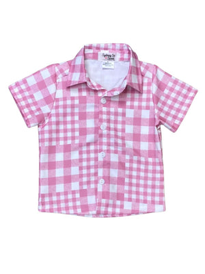 Pink & White Patchwork Plaid Boys Button Up Top - Sydney So Sweet