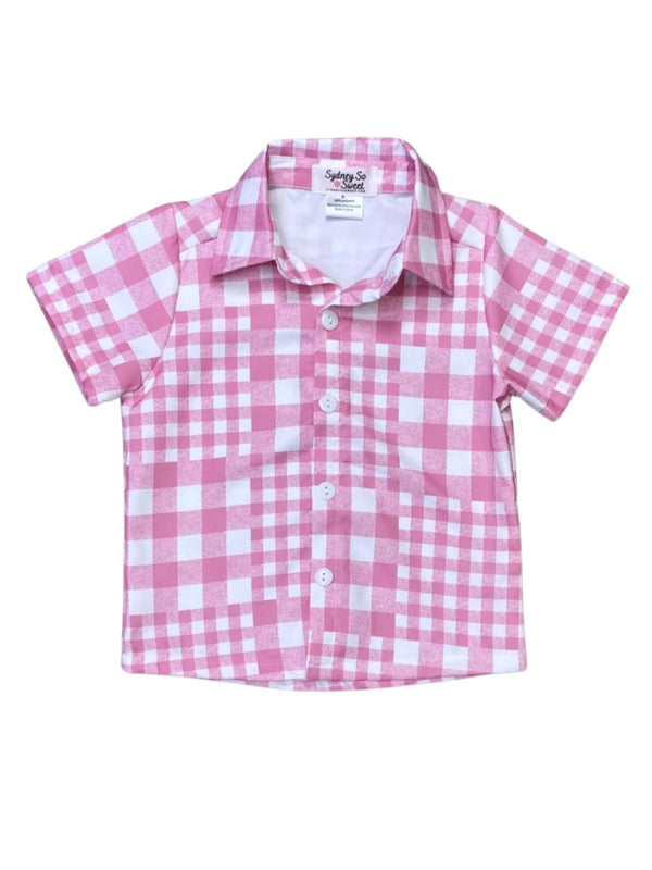 Pink & White Patchwork Plaid Boys Button Up Top