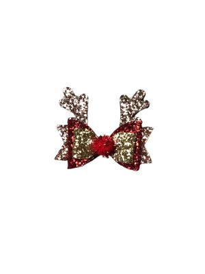 Sparkly Reindeer Red & Gold Girls Christmas Hair Bow Clip - Sydney So Sweet