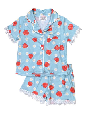 Strawberry Floral Fields Blue Lace Button Up Girls Pajamas - Sydney So Sweet