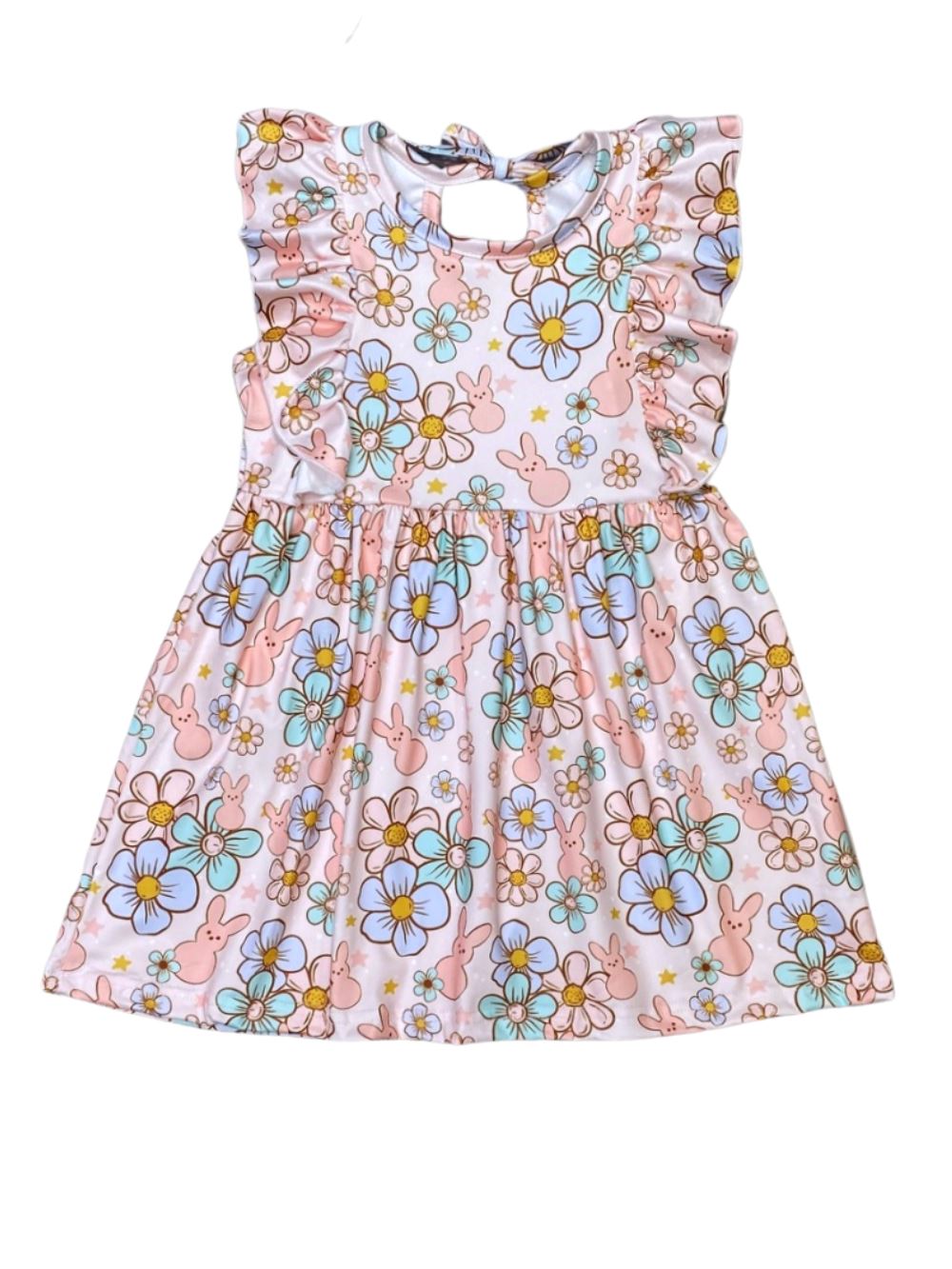 Too Groovy Rabbit Floral Flutter Sleeve Girls Dress - Sydney So Sweet