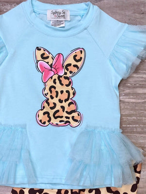 Wild About Bunnies Blue Cheetah Tulle Chiffon Girls Easter Capri Outfit - Sydney So Sweet