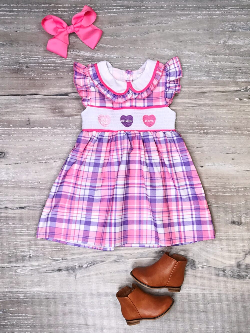 Wink Wink Candy Hearts Purple &amp; Pink Plaid Collar Girls Dress - Sydney So Sweet