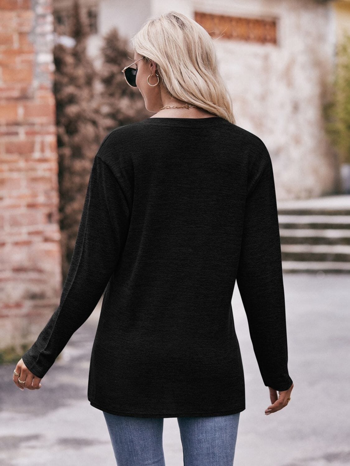 Buttoned Notched Neck Long Sleeve Top - Sydney So Sweet