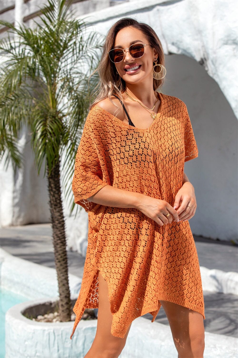 Openwork Slit Scoop Neck Cover Up - Sydney So Sweet